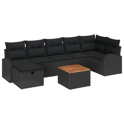 vidaXL 8-delni vrtni sofa set z blazinami črna poli ratan