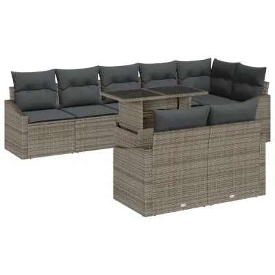 vidaXL 9-delni vrtni sofa set z blazinami, siva poli ratan