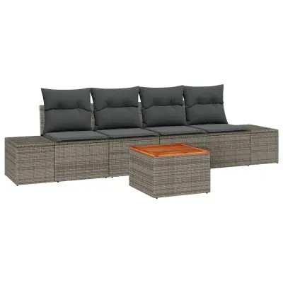 vidaXL set 5 vrtnih sedežnih garnitur z blazinami siva poli ratan acacia