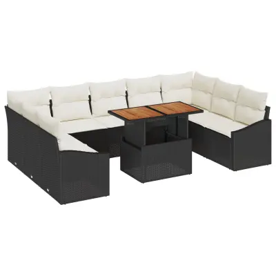 vidaXL 10-delna vrtna sofa garnitura z blazinami črn poli ratan