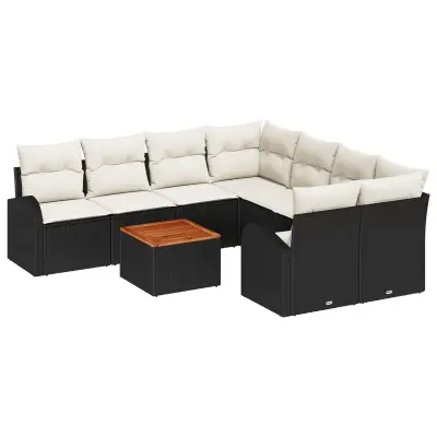 vidaXL 9-delni vrtni sofa set z blazinami črna poli ratan akacija