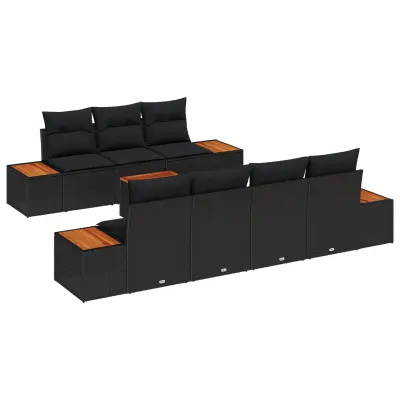 vidaXL 8-delni vrtni sofa set z blazinami Črna Poli ratan Akacija