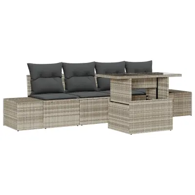 vidaXL 5 Delni Vrtni Sofa Set z Blazinami Svetlo Siva Poli Ratan
