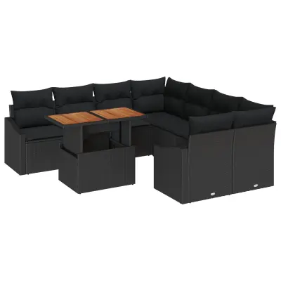 vidaXL 9-delni vrtnis kavč set s blazinami črn poli ratan
