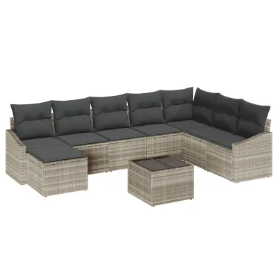 vidaXL 9-delni set vrtne sedežne garniture z blazinami Siva Polirattan