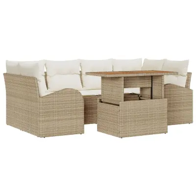 vidaXL 7-delna vrtna jedilna garnitura z blazinami Bež Poly Ratan Acacia