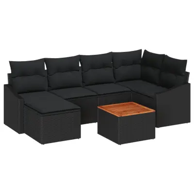 vidaXL 7-delni vrtni sofa set z blazinami Črna Poli ratan Akacija