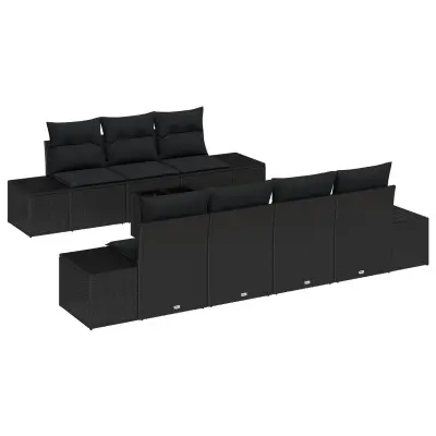 vidaXL 8-delni vrtni sofa set z blazinami Črn poli ratan