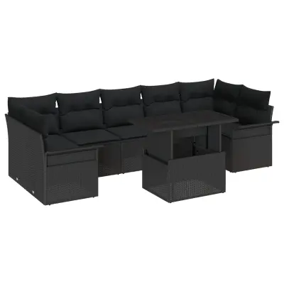 vidaXL 8-delni vrtni kavč set z blazinami črni poli ratan