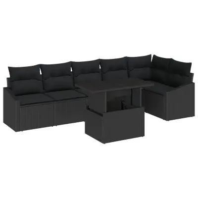 vidaXL set 7-delne vrtne sofe z blazinami črna poli ratan
