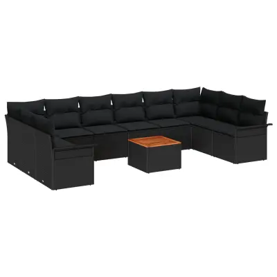 vidaXL 11-delni vrtni sofa set z blazinami Črn Poli Ratan Akacija