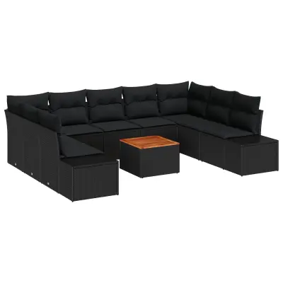 vidaXL 10-delni set vrtnih sofa z blazinami Črn Poli Ratan Akacija