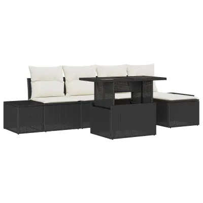 vidaXL 6-delni set vrtne sedežne garniture z blazinami Črna Poli Ratan