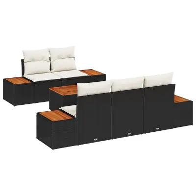vidaXL 6 delni vrtni sofa set z blazinami Črna Poli ratan Akacija