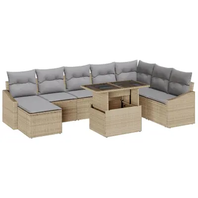 vidaXL 9 kosov vrtni sofa s blazinami Bež Poly Rattan