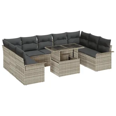 vidaXL 10-delna sedežna garnitura za vrt z blazinami svetlo siva poliratana