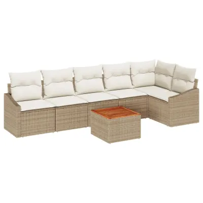 vidaXL 7-delni vrtni sofa set z blazinami Bež poli ratan akacija