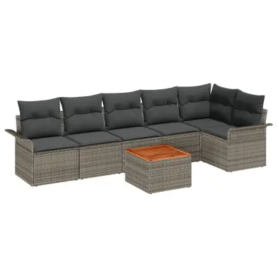 vidaXL 7 Kosi Vrtna Sofa Set z Blazinami Siva Poli Ratan Akacija