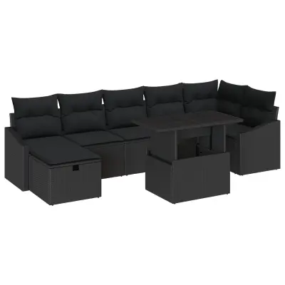 vidaXL 8-delni vrtni kavč set z blazinami črni poli ratan