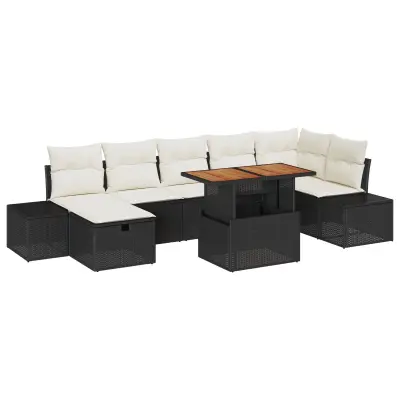 vidaXL 8-delni vrtni jedilni set z blazinami Črni poli ratan akacija