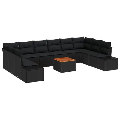 vidaXL 11-delni vrtni sofa set z blazinami črn poliratan akacija