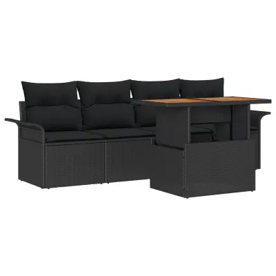 vidaXL 5-delni vrtni sofa set z blazinami Črna Poli ratan Akacija
