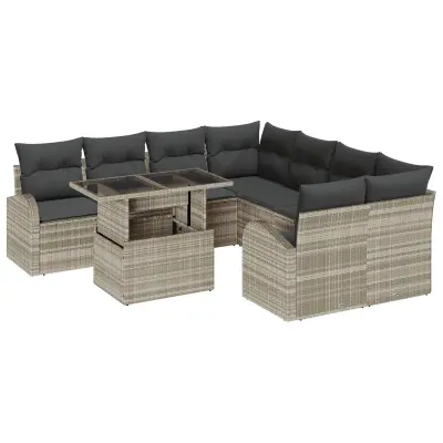 vidaXL 9-delni vrtni sofaset z blazinami svetlo sivi poli ratan