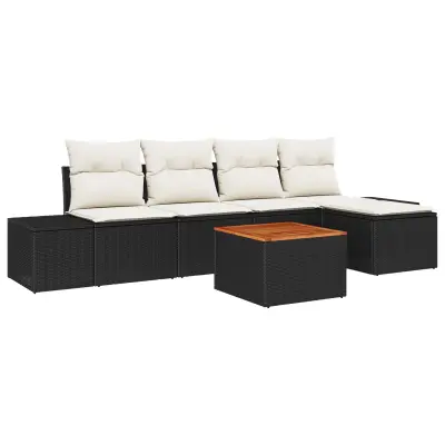 vidaXL 6 delni vrtni kavč set z blazinami Črna Poli ratan Akacija