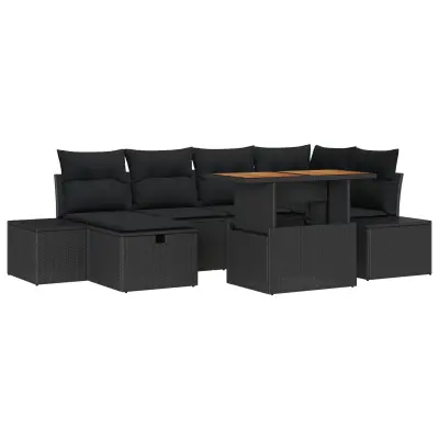 vidaXL 7-delni vrtni sofa set z blazinami črn poli ratan