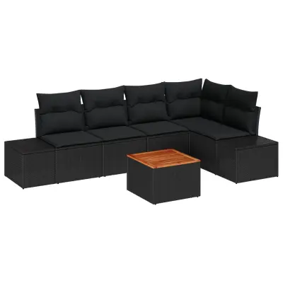 vidaXL 6 Delna Vrtna Sofa Garnitura z Blazinami Črni Poli Ratan Akacija
