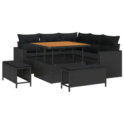 vidaXL 8-delni vrtni kavč set z blazinami Črna Poli ratan Acacia