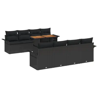 vidaXL 9-delni set vrtne sedežne garniture z blazinami črni poli ratan akacija