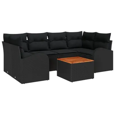 vidaXL 7-delni Vrtni Kavčni Set z Blazinami Črn Poli Ratan Acacia