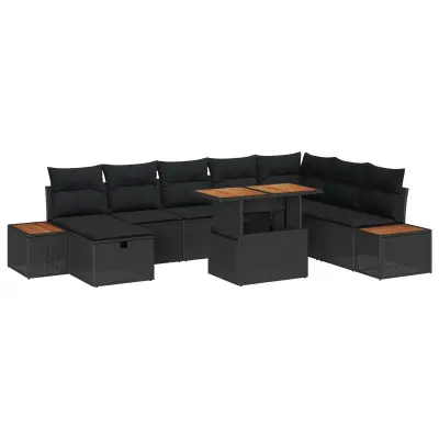 vidaXL 9-delni set vrtne sedežne garniture z blazinami črna poli ratan