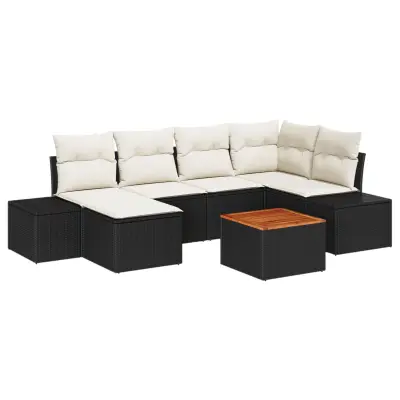 vidaXL 7-delni set vrtne sofa z blazinami črni poli ratan akacija