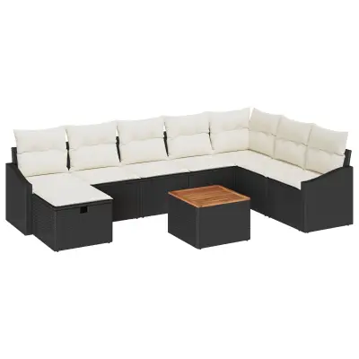 vidaXL 9 delna vrtna sofa set z blazinami črni poli ratan
