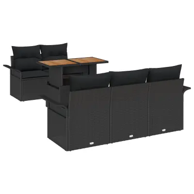 vidaXL 6-delni vrtni kavč set s prejemi Črn Poly Ratan Acacia