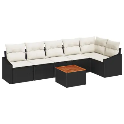 vidaXL 7-delni set vrtnih sofer z blazinami Črna Poli ratan Acacia