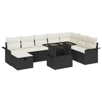 vidaXL 9-delni set vrtne sedežne garniture z blazinami Črna poli ratan