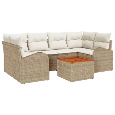 vidaXL set 7-delne vrtne kavčne garniture z blazinami Bež Poly Ratan Akacija