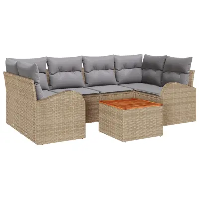 vidaXL 7-delni vrtni sofa set z blazinami bež poli ratan akacija