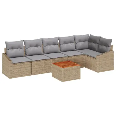 vidaXL 7 Delna Vrtna Sofa Garnitura z Blazinami Bež Poly Ratan Akacija