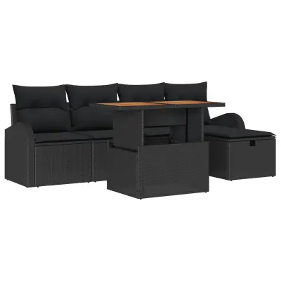 vidaXL 6 delni vrtni sofa komplet z blazinami črna poly ratan