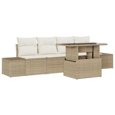 vidaXL 5-delni vrtni sofa set z blazinami bež poli ratan