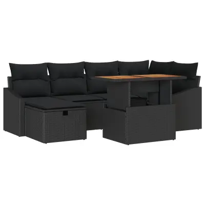 vidaXL 7 delni set vrtne sedežne garniture z blazinami črni poli ratan
