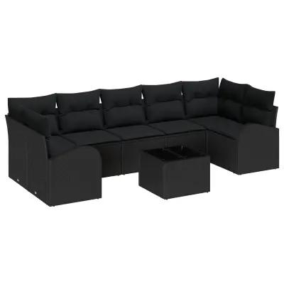 vidaXL Set vrtne sedežne garniture s blazinami Črn poli ratan