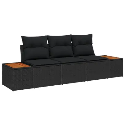 vidaXL 3-delna zunanja sofa s blazinami, črna, poli ratan, akacija