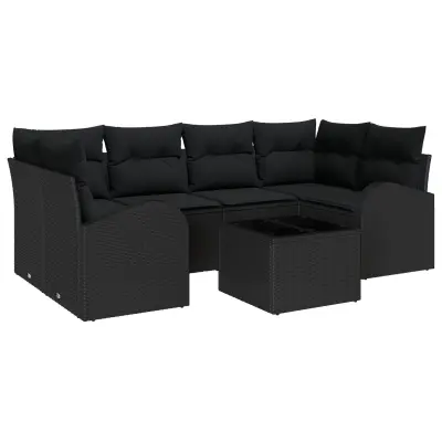 vidaXL 7-delni set vrtne sedežne garniture z blazinami Črn poli ratan