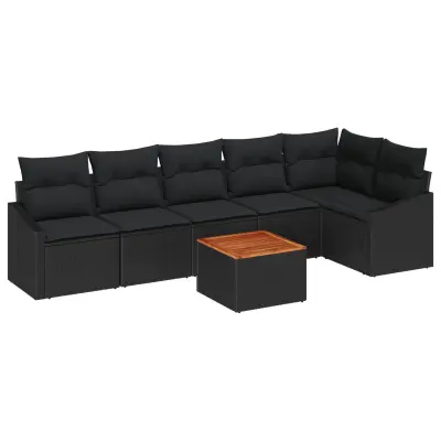 vidaXL 7-delni vrtni sofa set z blazinami črna poli ratan akacija