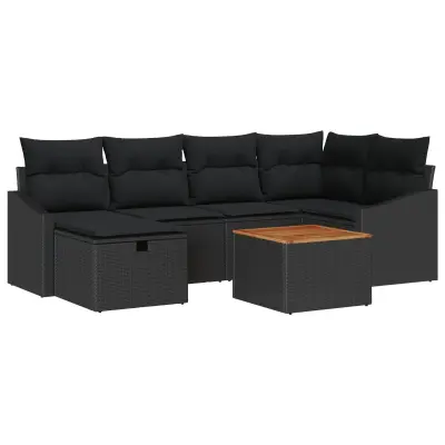 vidaXL 7-delni vrtni sofa set z blazinami Črn poli ratan